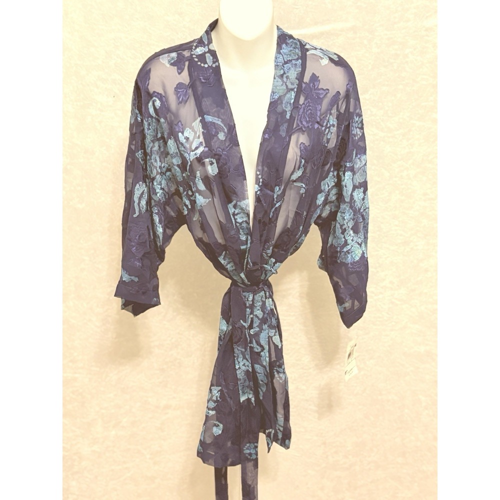 California Dynasty Sheer Floral Kimono Beach Cover Up Blue Burnout Mesh  M - Picture 2 of 8